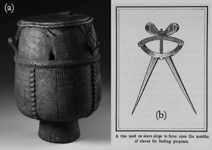 Two photos labeled a and b. a, a cylindrical drum with a narrow base. b, A knife-like tool with two sharp ends and a handle connected at the top, labeled a vise used on slave ships to force open the mouths of slaves for feeding purposes.