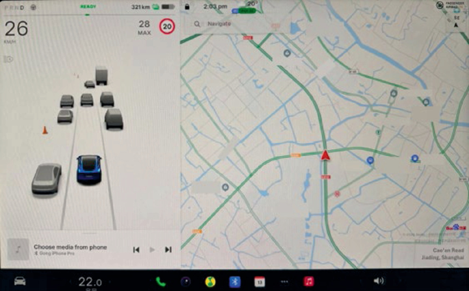 2 screenshots depict a dual-screen car dashboard. On the left side of the screen, there is a 3 D navigation interface displaying multiple cars and a speed indicator. On the right side, a map interface displays route guidance, traffic information, and location markers.
