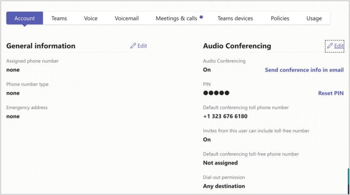 A window has 8 options at the top. The account is selected. The general information with the assigned phone number, phone number type, and emergency address is on the left. Six options for audio conferencing are on the right. Both sections have Edit buttons.