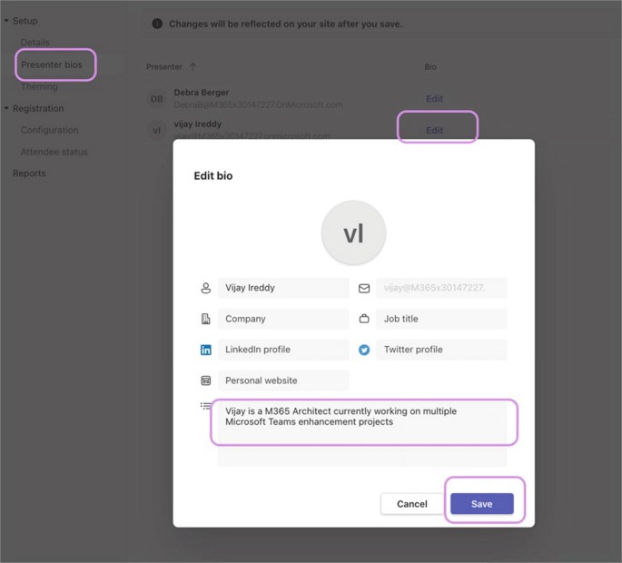 A pop-up box on a window is titled edit bio. It includes fields for company, job title, LinkedIn and Twitter profiles, and personal website. A text that reads, Vijay is a M 365 Architect currently working on multiple M S Teams enhancement projects, and save button are highlighted at the bottom.