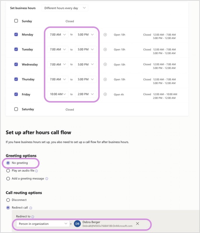 A page includes the options to set business hours that highlightes the closed business hours, set up after hours call flow, greeting options, and call routing options. The radio buttons for no greeting and redirect call to a person in the organization are enabled.