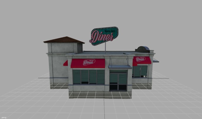 A 3 D illustration of a building with a banner on top that reads Mama Joe's Diner,which has several glass windows with a glass door.