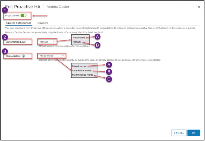 A screenshot titled edit proactive H A highlights the following option. Proactive H A. Automotive Level. Remediation.