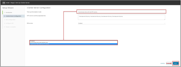 A screenshot of the install stage 2 page with the v Center server configuration tab selected. On the right side of the screen, under the title v Center server configuration, the entry fields are filled in and the next button at the bottom of the page is clicked.