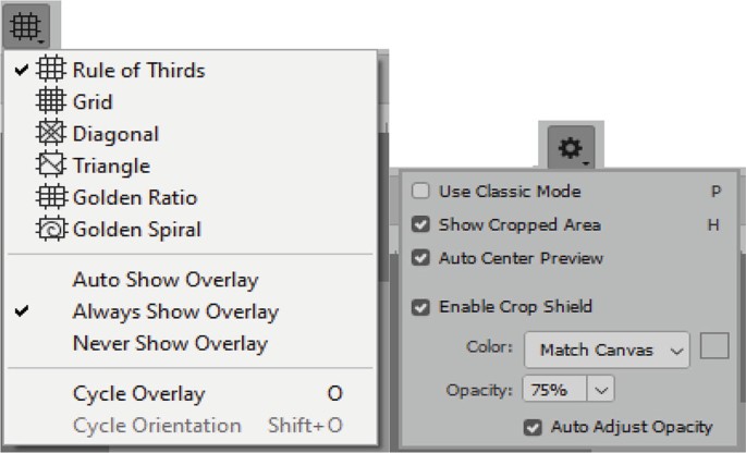 2 screenshots. A grid icon with options of rule of thirds, grid, diagonal, triangle, golden ratio, golden spiral, auto show overlay, always show overlay, never show overlay, and cycle overlay. Beside is setting icon with use classic mode, show cropped area, auto center preview, and enable crop shield.