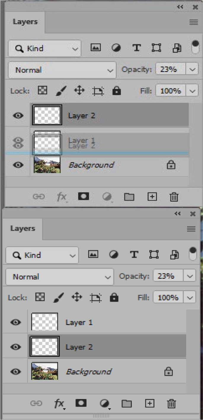 2 screenshots of layers panel with entries of kind and normal in 2 fields, opacity, lock, and fill fields, thumbnails of layers 2, 1, and background. Top. Layer 2 is on top, layer 1 overlaid over 2 is in the center. Bottom. Layer 1 is on top and layer 2 is in the center. Background is at the bottom.