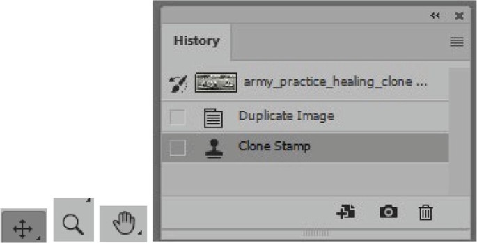 Screenshots of move, zoom, and hand tools and history panel with duplicate image and clone stamp that is selected.