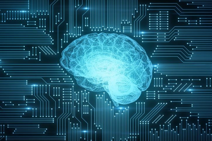 Image of a brain in electric blue lines, surrounded by electric blue circuit board lines