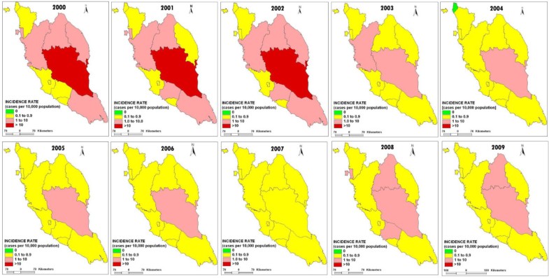 Spatial distribution of malaria in Peninsular Malaysia from 2000 to