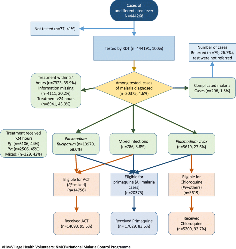 How are the village health volunteers deliver malaria testing and