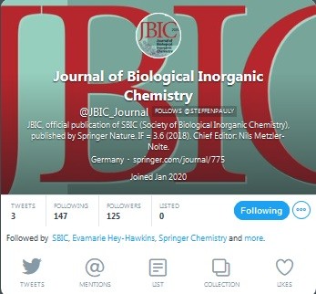 Screenshot of the Twitter account for JBIC Journal of Biological Inorganic Chemistry