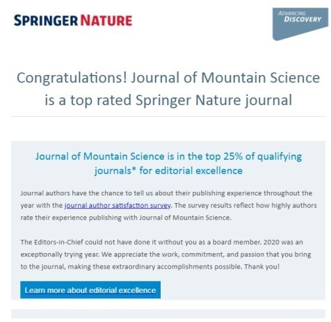 Congratulations! Journal of Mountain Science was recognized for editorial excellence in Spring Nature journals!