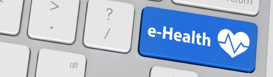 Conceptual Blue E-Health Button with Small Heart and Frequency Design on a White Computer Keyboard 
