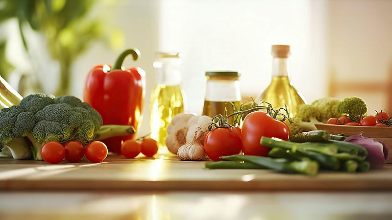 fruits vegetables and olive oil