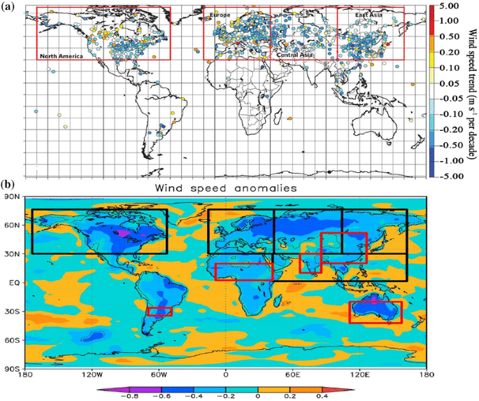 Changes in terrestrial near-surface wind speed and their possible