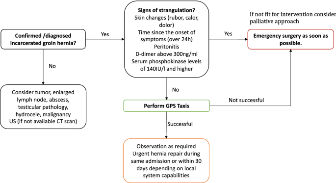 Algorithm for management of an incarcerated inguinal hernia in the  emergency settings with manual reduction. Taxis, the technique and its  safety
