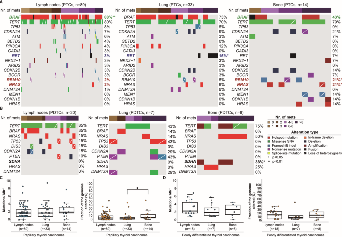 Genomic profiling of lymph node and distant metastases from papillary and poorly differentiated thyroid carcinomas