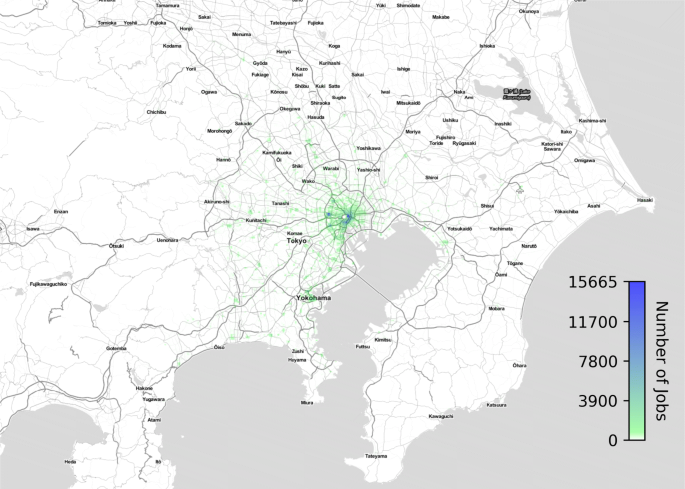 Map of the population per 500-m grid (population density) in Tokyo