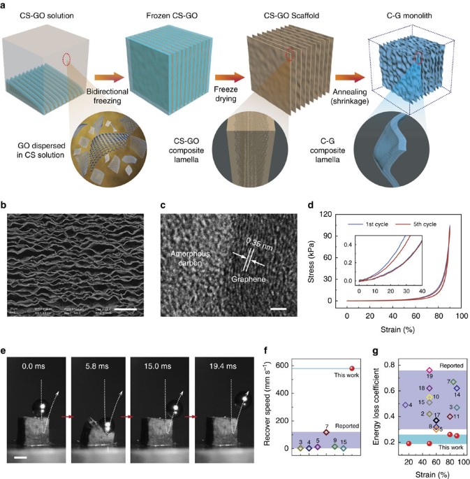 Super-elastic and fatigue resistant carbon material with lamellar  multi-arch microstructure