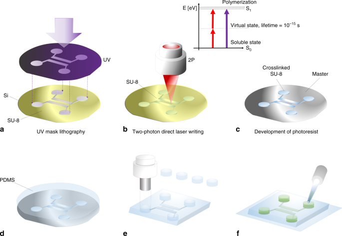 Scalable integration of nano-, and microfluidics with hybrid two-photon lithography