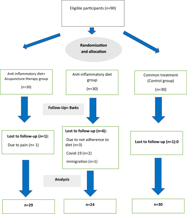 The effects of an anti-inflammatory diet alone or in combination with acupuncture on mental health, anthropometric indices, and metabolic status in diabetic patients with depression: a randomized, controlled clinical trial The effects of an anti-inflammatory diet alone or in combination with acupuncture on mental health, anthropometric indices, and metabolic status in diabetic patients with depression: a randomized, controlled clinical trial