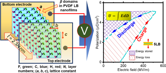 Energy storage behaviors in ferroelectric capacitors fabricated with sub-50 nm poly(vinylidene fluoride) langmuir–blodgett nanofilms