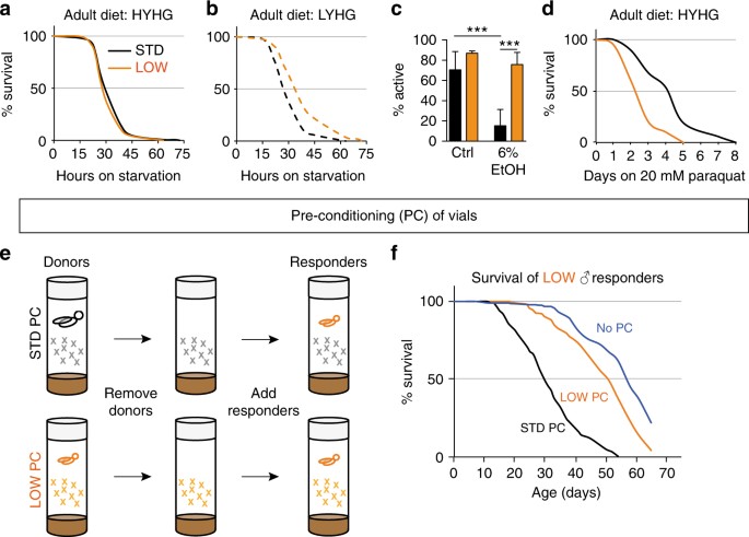 developmental diet regulates drosophila lifespan via lipid adult stress resistance and autotoxins are regulated by developmental diet a d survival of low orange vs std black adult males during starvation a