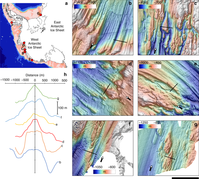 Hard Rock Landforms Generate 130 Km Ice Shelf Channels Through Water - high resolution multibeam echo sounder swath bathymetry datasets for the antarctic shelf showing examples of relict hard bedded landforms with dimensions