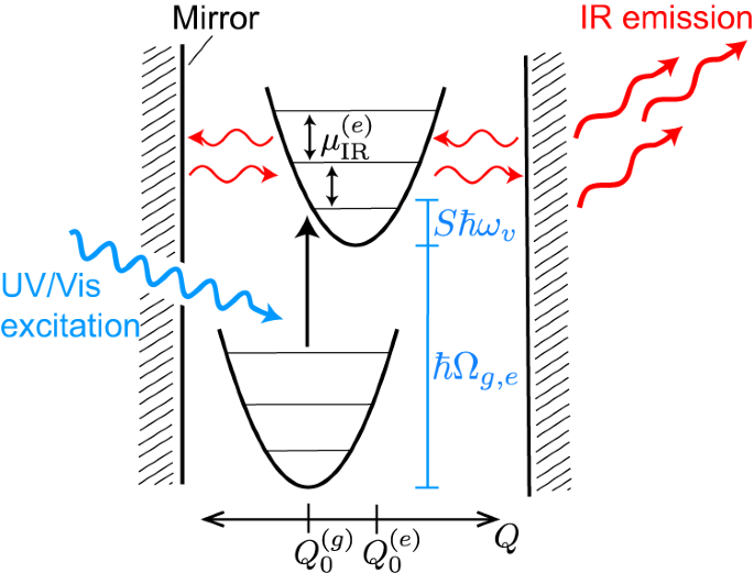 Theory predicts UV/vis-to-IR photonic down conversion mediated by excited  state vibrational polaritons
