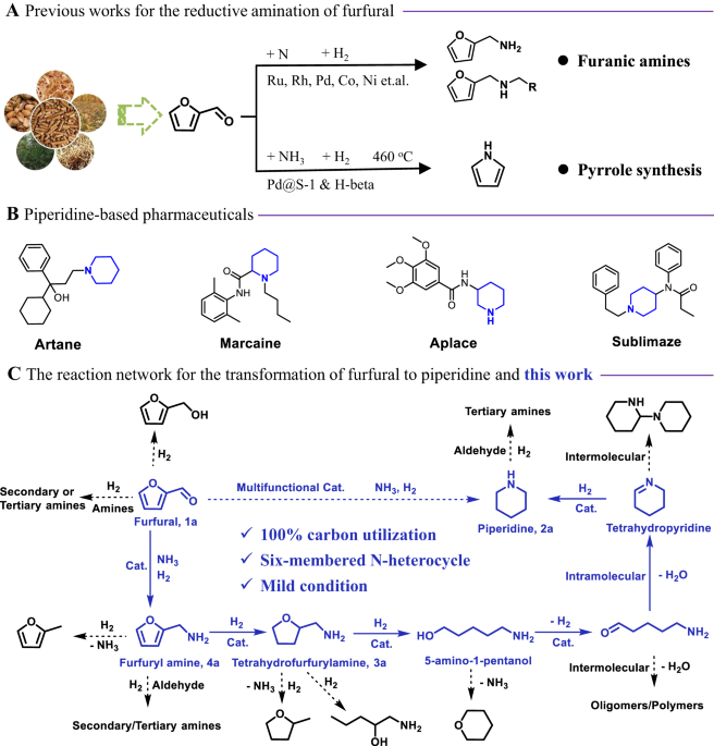 Synthesis of piperidines and pyridine from furfural over a surface single-atom alloy ru1conp catalyst