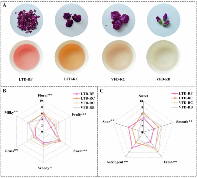 Metabolomics and sensory evaluation combined analysis reveal the effect of processing methods and different forms on the flavor of rose herbal tea Metabolomics and sensory evaluation combined analysis reveal the effect of processing methods and different forms on the flavor of rose herbal tea