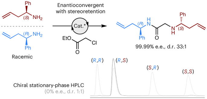 Enantioconvergent reactions are pre-eminent in contemporary asymmetric synthesis as they convert both enantiomers of a racemic starting material into 