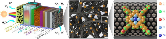Bias-free solar syngas production by integrating a molecular cobalt catalyst with perovskite–bivo4 tandems