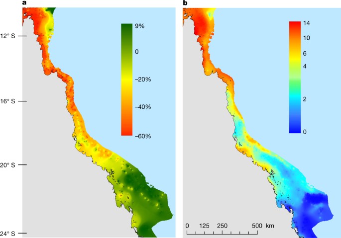 a change in coral cover between march and november 2016 b heat exposure measured in dhw in 0c weeks in the summer of 2016 map template is provided by