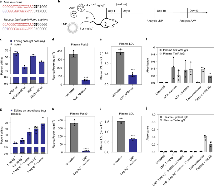 In vivo adenine base editing of <i>PCSK9</i> in macaques reduces LDL cholesterol levels thumbnail