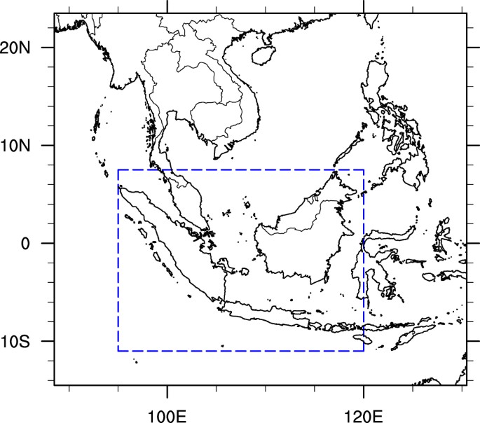southeast asia domain used in this study the dashed boundary denotes the maritime continent region the map was generated using the ncar command language