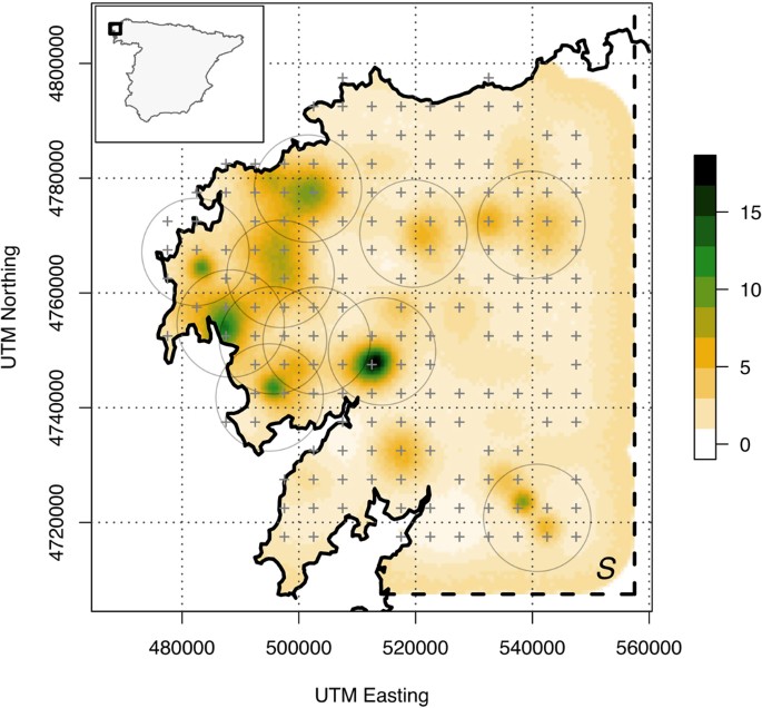 Toward Reliable Population Estimates Of Wolves By Combining Spatial - posterior mean density of activity centres for wolves in the study area the spatial locations of detectors are denoted by grey s state space