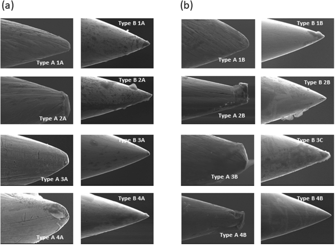 Scanning electron microscopy examination of needle tips after different