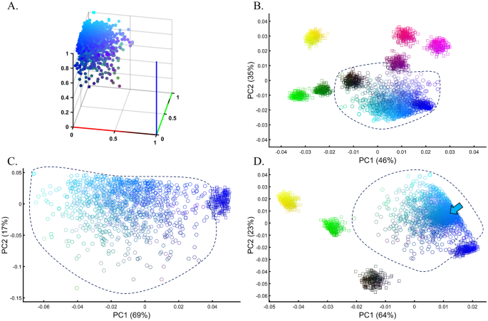 Color online) Principal components analysis of relative scores