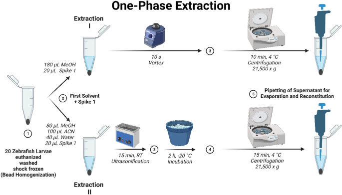 Evaluation of extraction methods for untargeted metabolomic studies for future applications in zebrafish larvae infection models