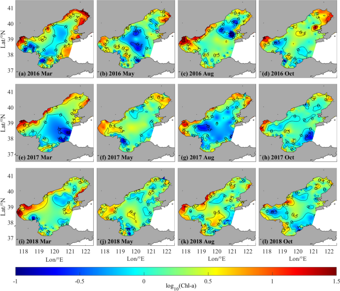 Spatial-temporal distributions of chlorophyll a content (μg/L) in