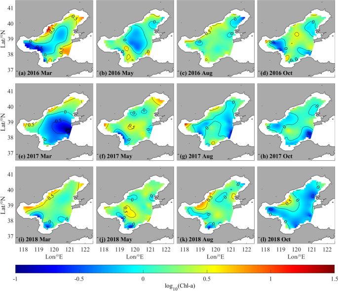 Spatial-temporal distributions of chlorophyll a content (μg/L) in