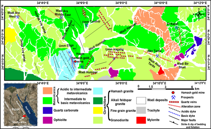 The geochemistry, origin, and hydrothermal alteration mapping associated  with the gold-bearing quartz veins at Hamash district, South Eastern  Desert, Egypt