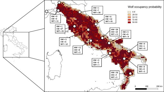 historical map visualization showing wolf population decline across North America with red markers indicating extinction zones