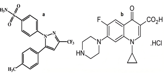 Estructuras químicas del celecoxib (a) y el ciprofloxacino (b), los dos fármacos analizados en el estudio.