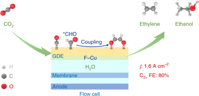 Electrocatalytic reduction of CO2 to ethylene and ethanol through  hydrogen-assisted C–C coupling over fluorine-modified copper | Nature  Catalysis