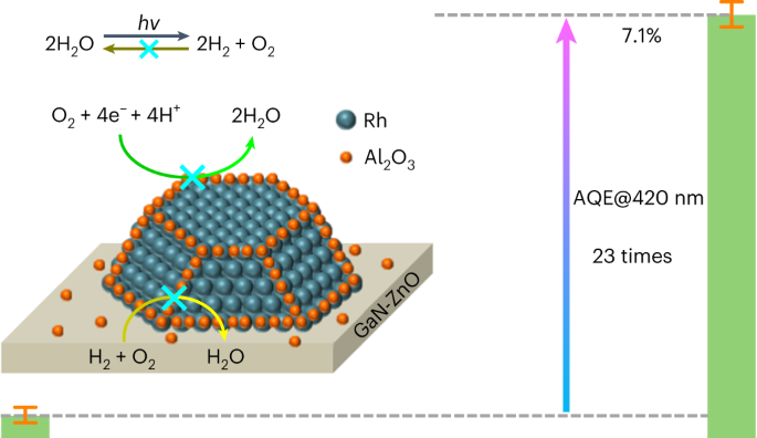 Blocking the reverse reactions of overall water splitting on a Rh 