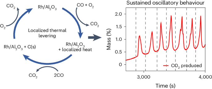 Localized thermal levering events drive spontaneous kinetic oscillations during co oxidation on rh/al2o3
