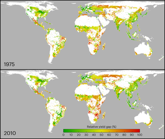 Global spatially explicit yield gap time trends reveal regions at 