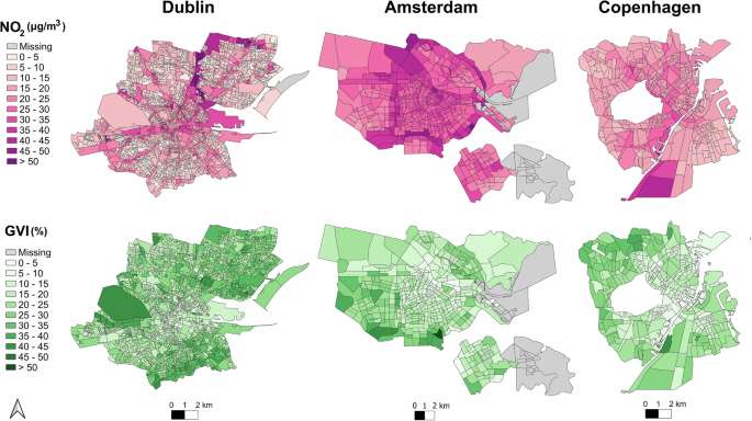 Air pollution and access to green space vary widely across European cities